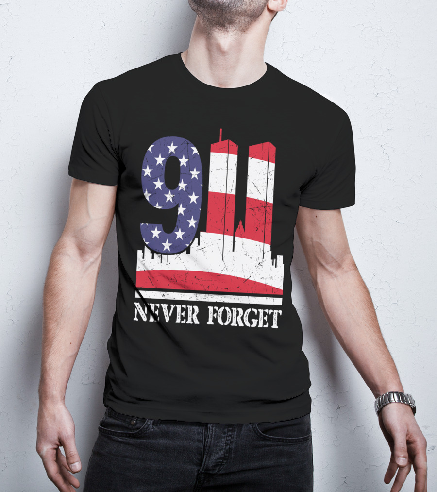 9 11 Never Forget Twin Towers American Flag T-Shirt