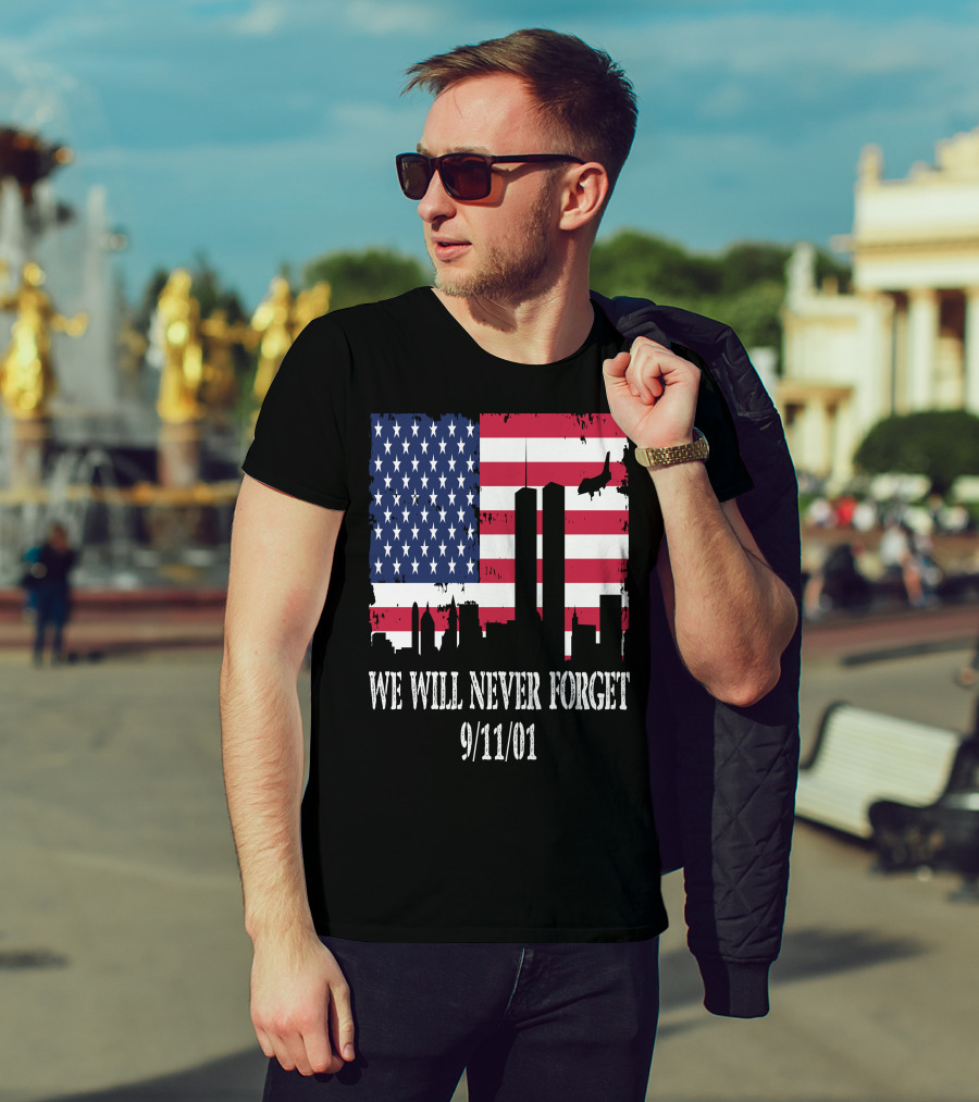We Will Never Forget 9/11/01 American Flag Twin Towers T-Shirt