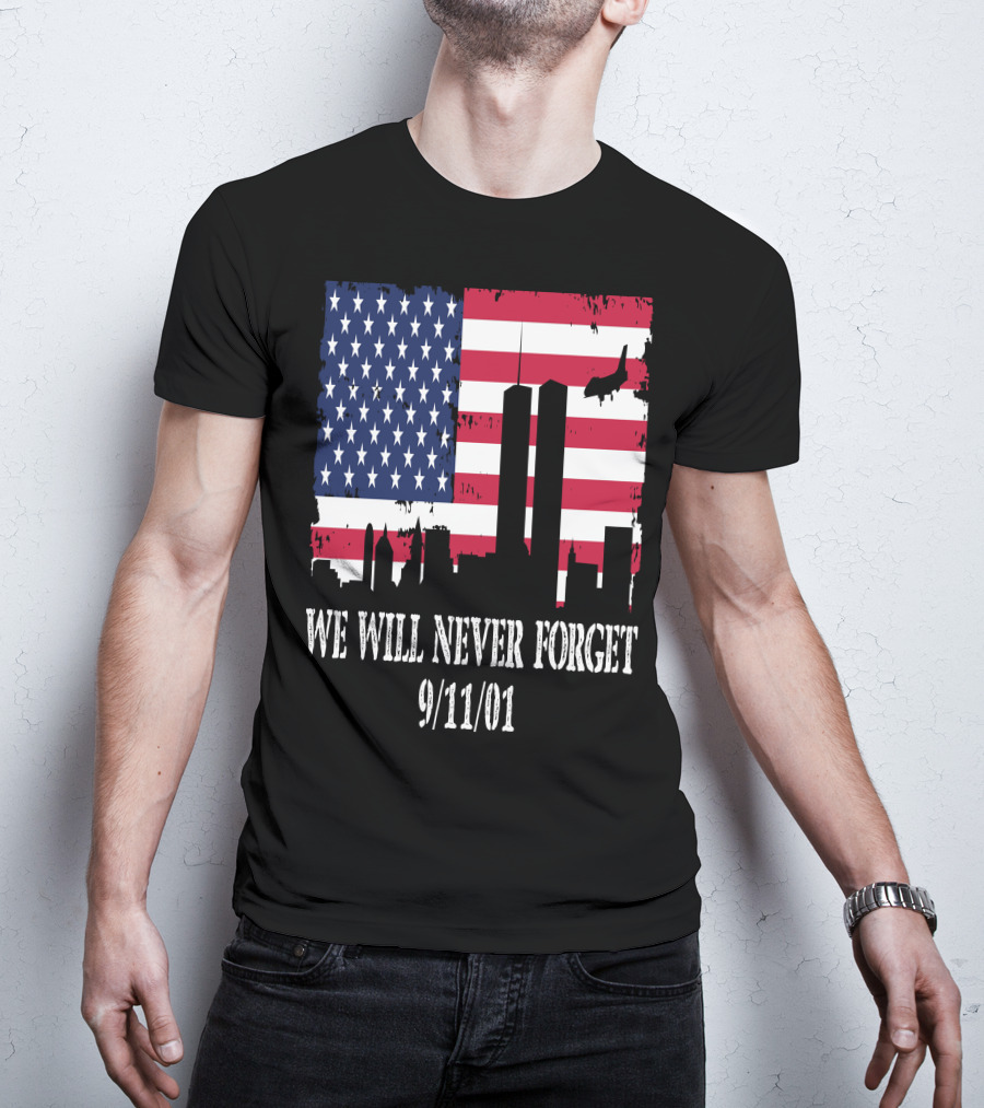 We Will Never Forget 9/11/01 American Flag Twin Towers T-Shirt