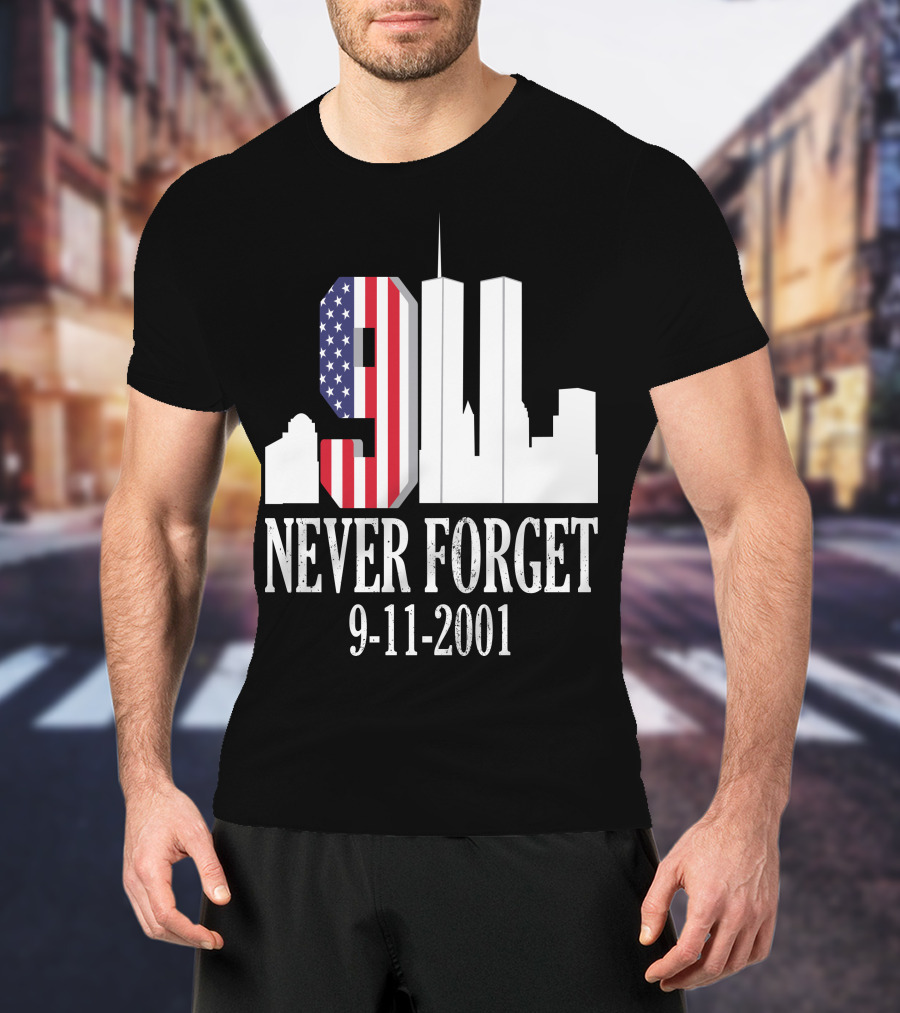 Never Forget 9-11-2001 American Flag Twin Towers Skyline T-Shirt