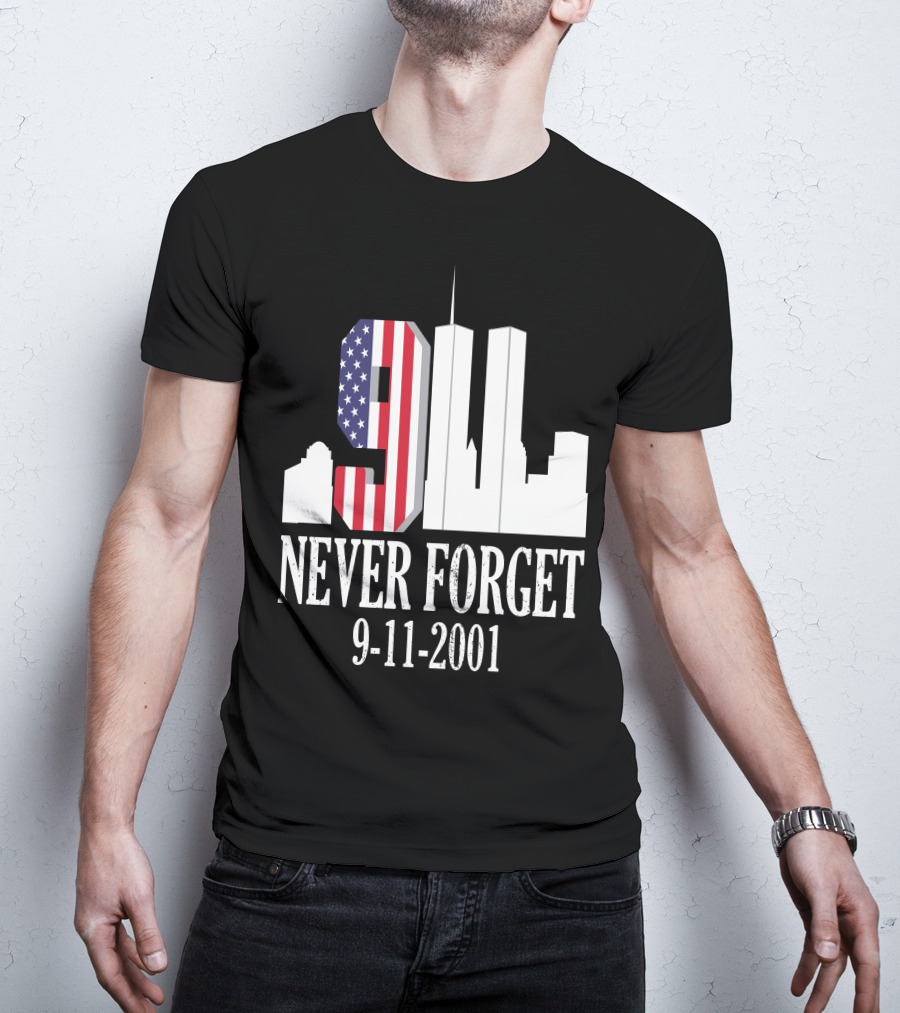 Never Forget 9-11-2001 American Flag Twin Towers Skyline T-Shirt