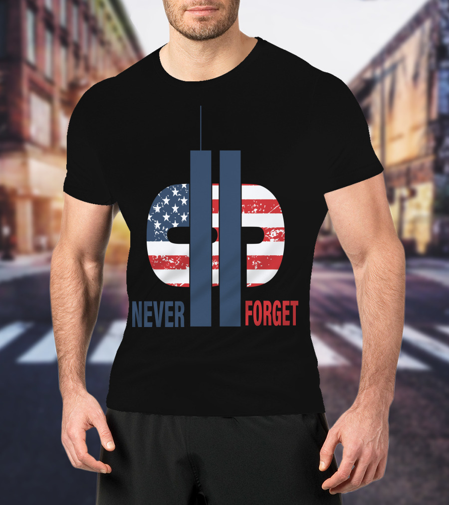 Never Forget 9.11 American Flag Tribute With Twin Towers Symbol T-Shirt