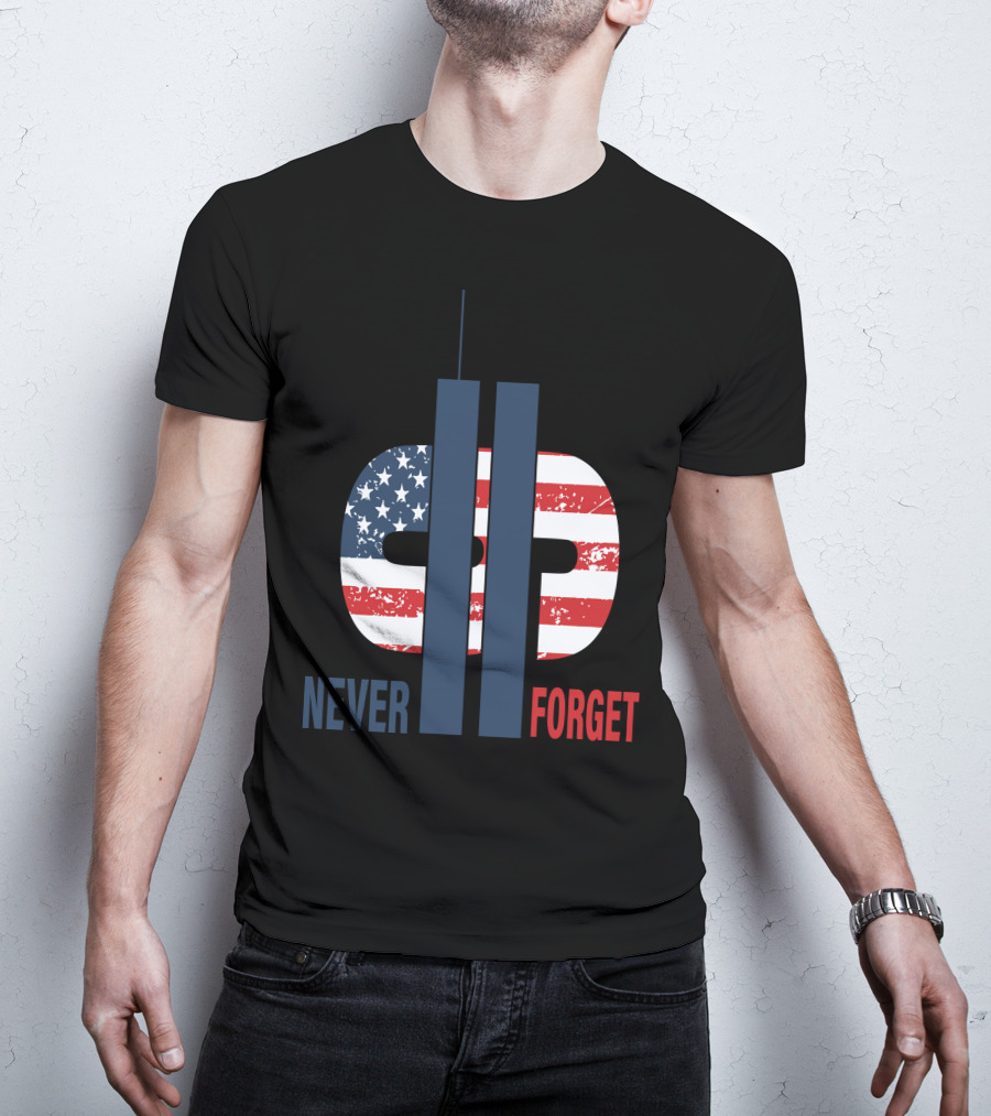 Never Forget 9.11 American Flag Tribute With Twin Towers Symbol T-Shirt