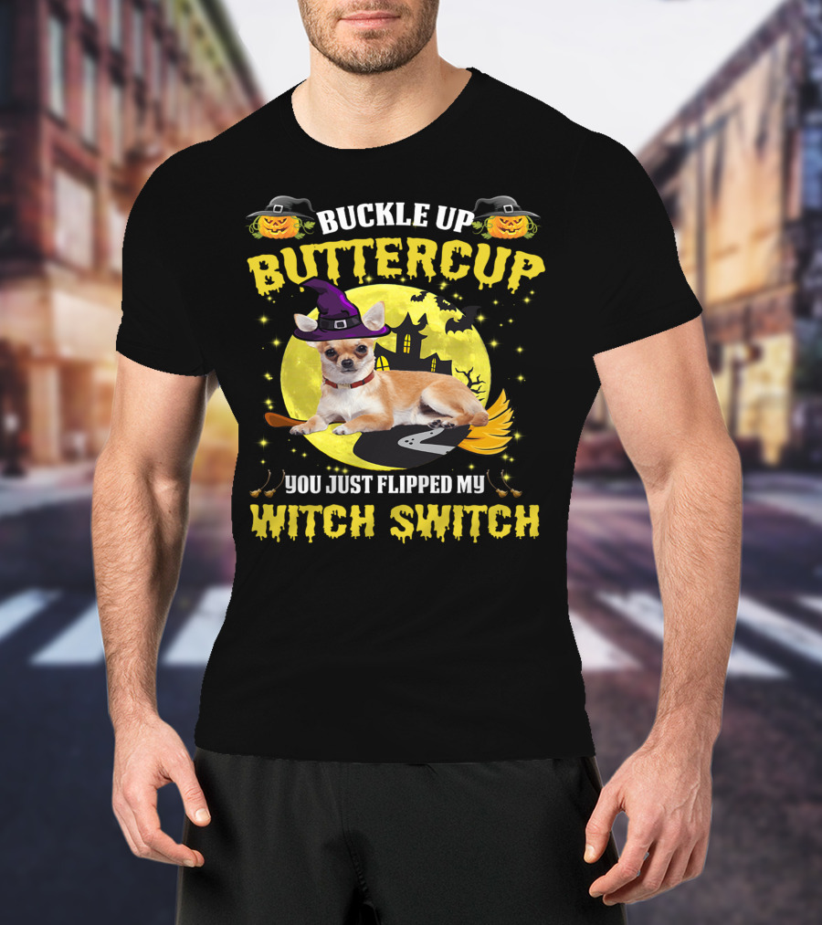 Buttercup Witch Switch Halloween Chihuahua Broomstick Moon Bats T-Shirt