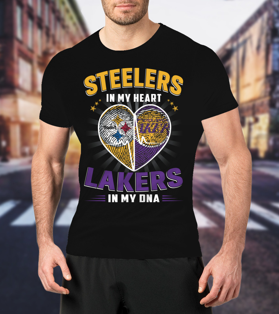 Steelers In My Heart Lakers In My Dna Fingerprint Heart T-Shirt
