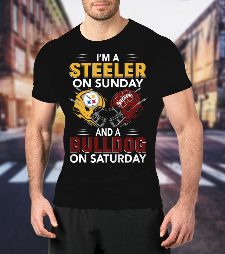 I'm A Steeler On Sunday And A Bulldog On Saturday Football Helmet Design With Team Logos T-Shirt