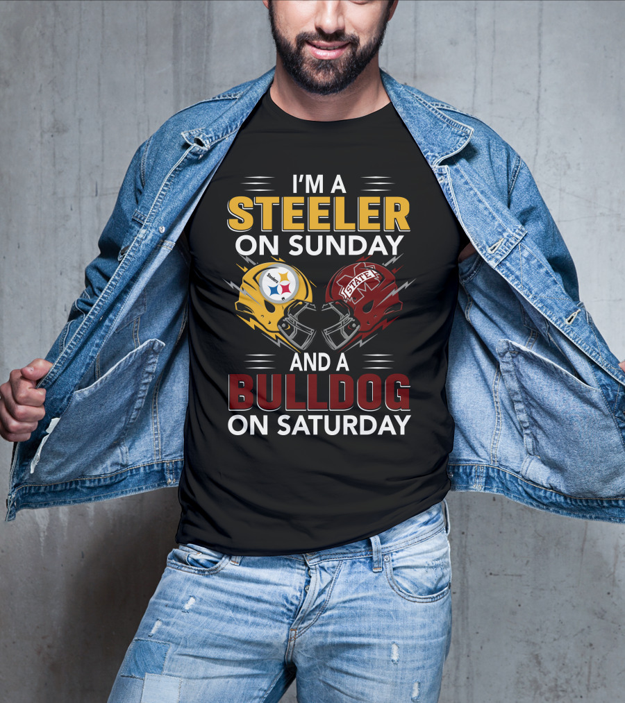 I'm A Steeler On Sunday And A Bulldog On Saturday Football Helmet Design With Team Logos T-Shirt