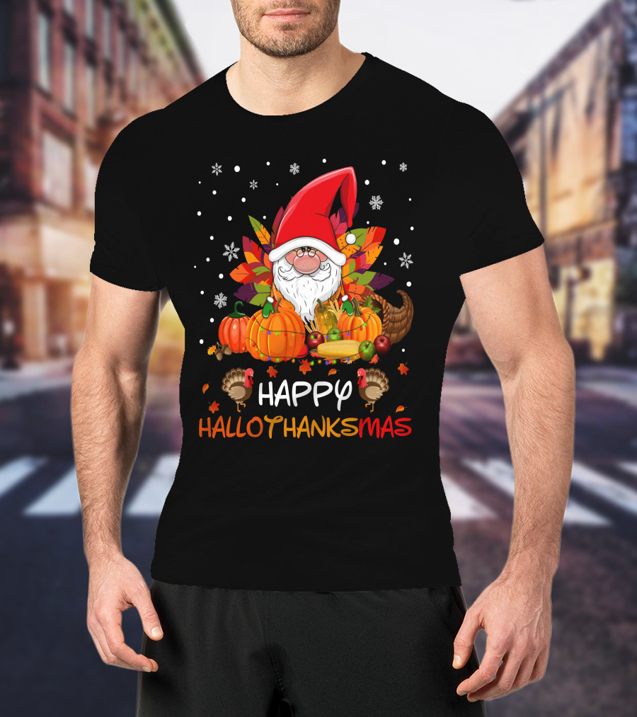 Happy HalloThanksMas Santa Hat Pumpkins Turkeys Cornucopia Snowflakes T-Shirt