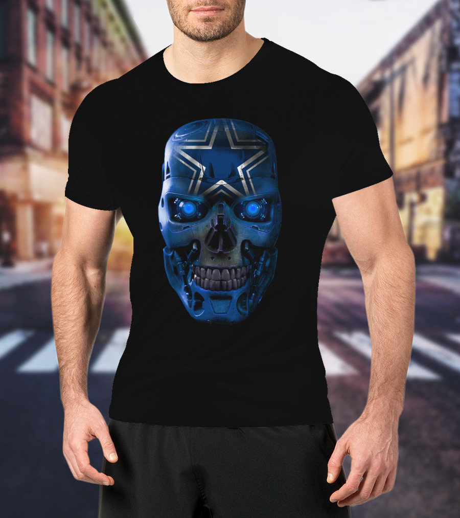 Skull Cowboys Blue Metallic Star Cyborg Helmet T-Shirt