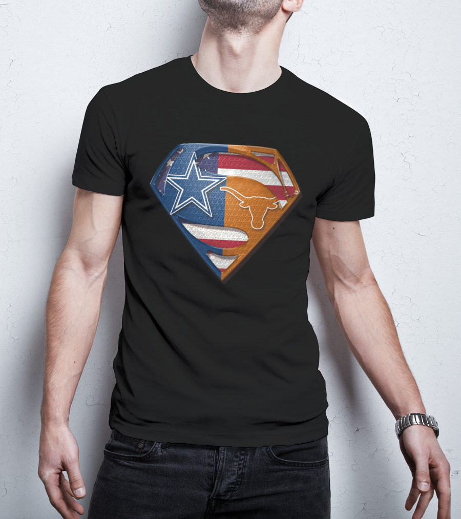 Dallas Cowboys Texas Longhorns Star And Longhorn Superman Shield Flag T-Shirt