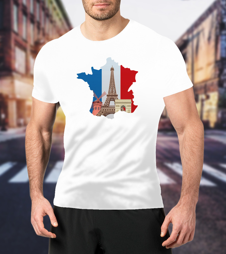 France Map With Eiffel Tower And Moulin Rouge On Tricolor Flag T-Shirt