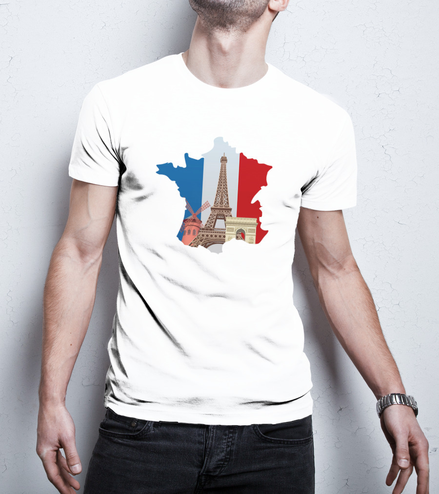 France Map With Eiffel Tower And Moulin Rouge On Tricolor Flag T-Shirt
