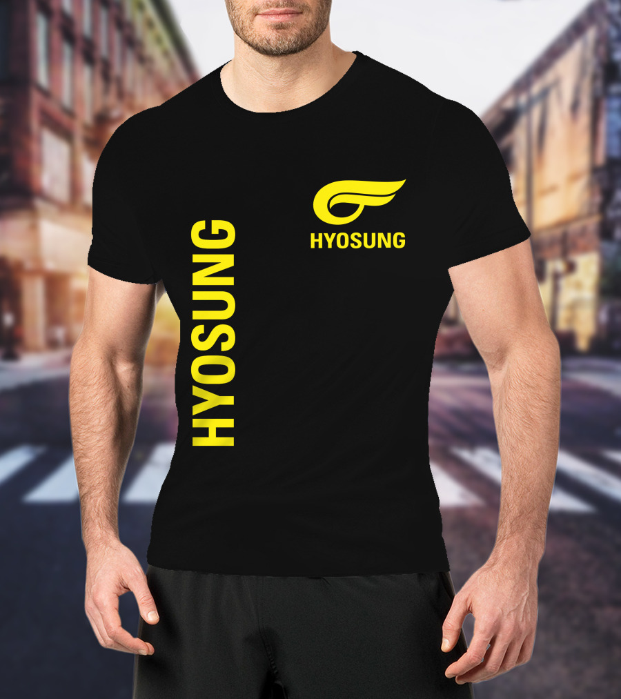 HYOSUNG Logo Stylized Yellow Text Brand T-Shirt