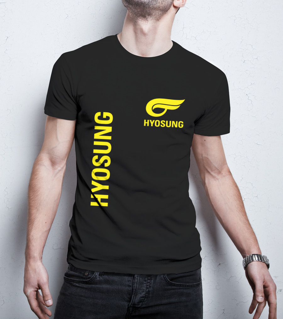 HYOSUNG Logo Stylized Yellow Text Brand T-Shirt