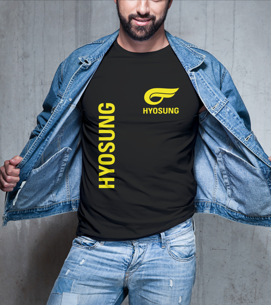 HYOSUNG Logo Stylized Yellow Text Brand T-Shirt