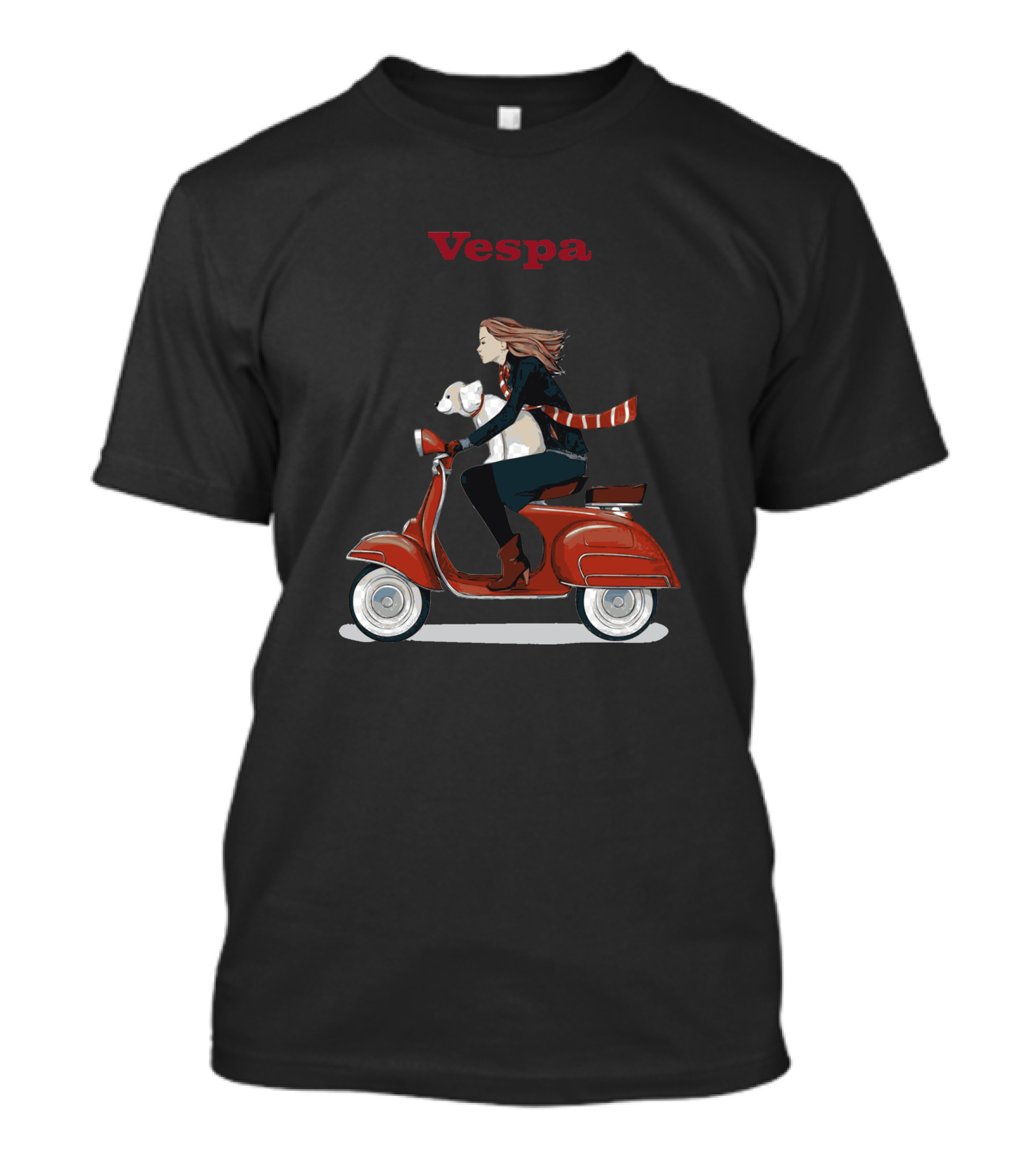 Vespa Red Scooter Woman Dog Pink Background T-Shirt