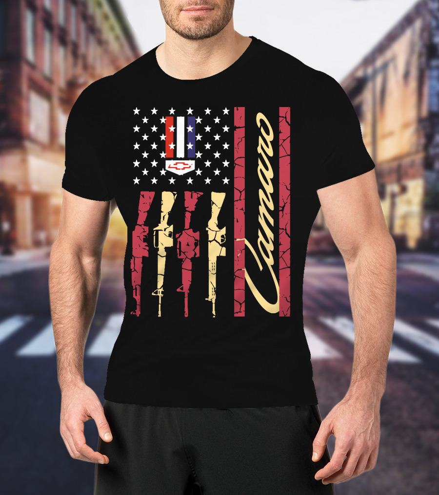 Camaro Chevrolet Logo Stars And Stripes With Rifle T-Shirt