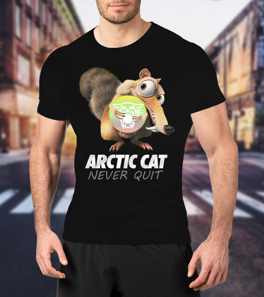 ARCTIC CAT NEVER QUIT Cartoon Character Holding T-Shirt