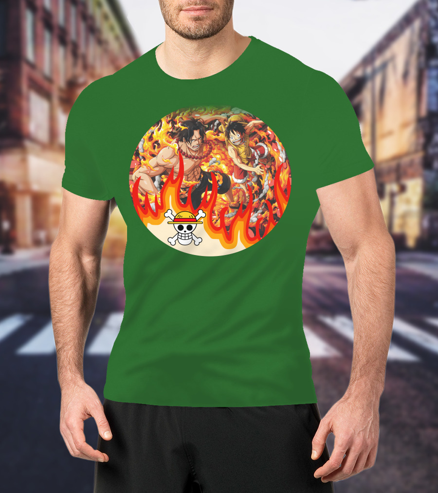 One Piece Luffy And Ace Fire Battle With Jolly Roger Hat T-Shirt