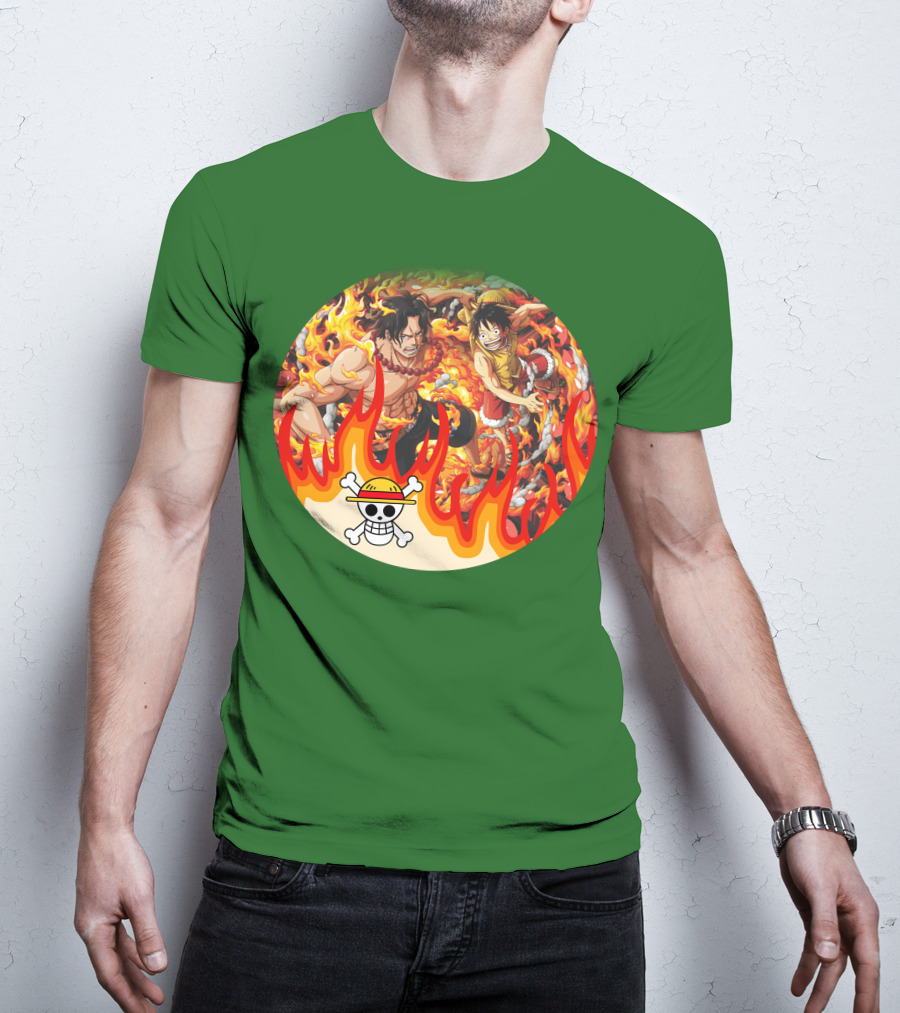 One Piece Luffy And Ace Fire Battle With Jolly Roger Hat T-Shirt