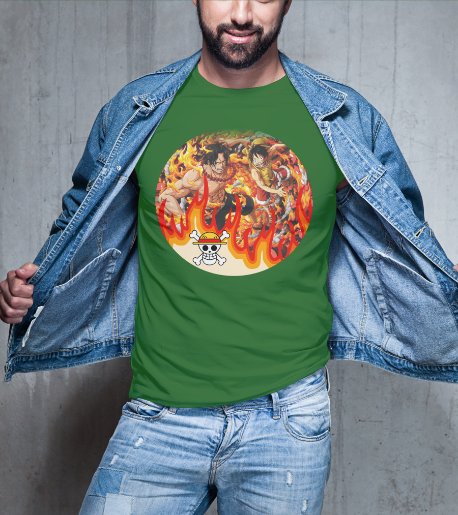 One Piece Luffy And Ace Fire Battle With Jolly Roger Hat T-Shirt