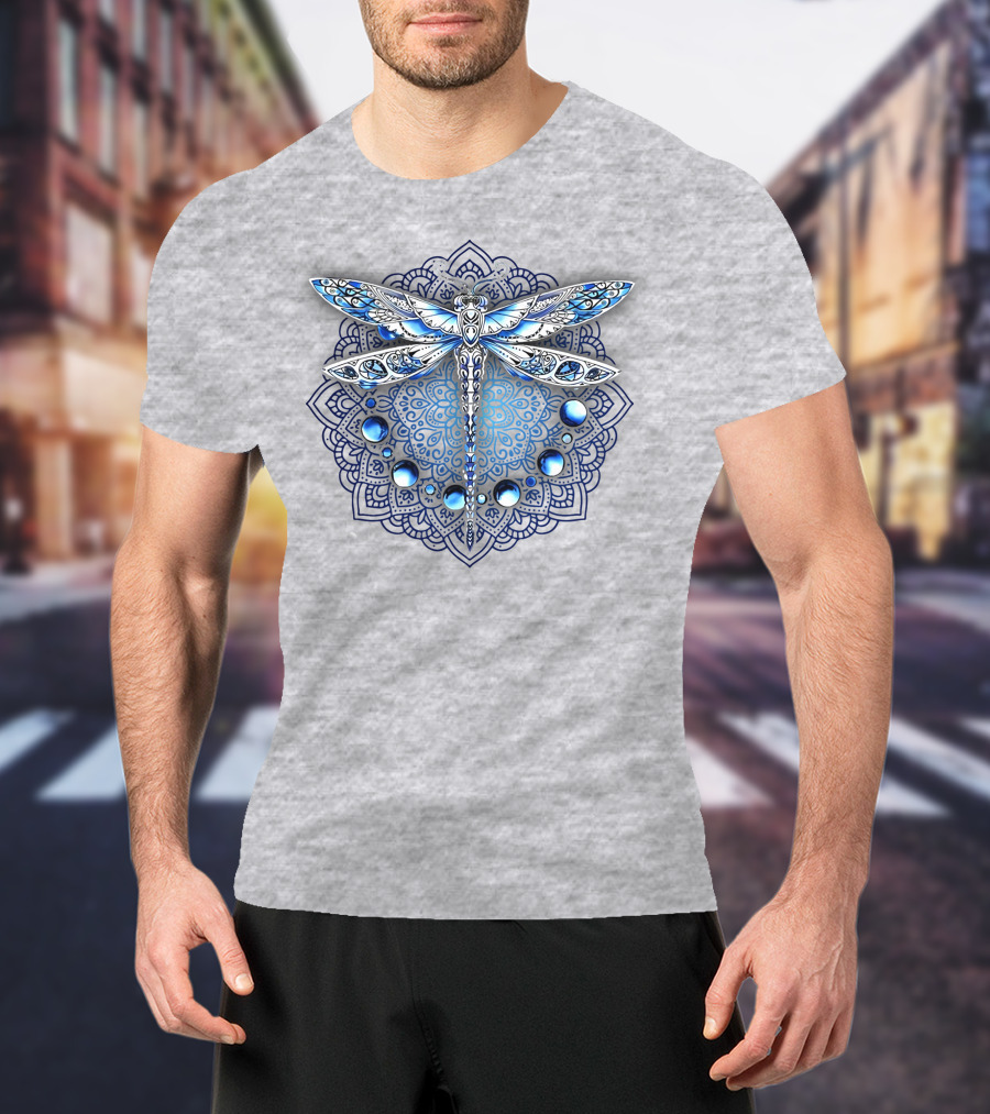 FLY GRADON Intricate Mandala Dragonfly Blue Gem Elements T-Shirt