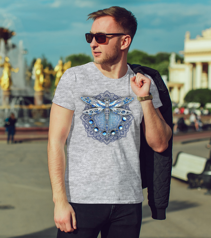 FLY GRADON Intricate Mandala Dragonfly Blue Gem Elements T-Shirt