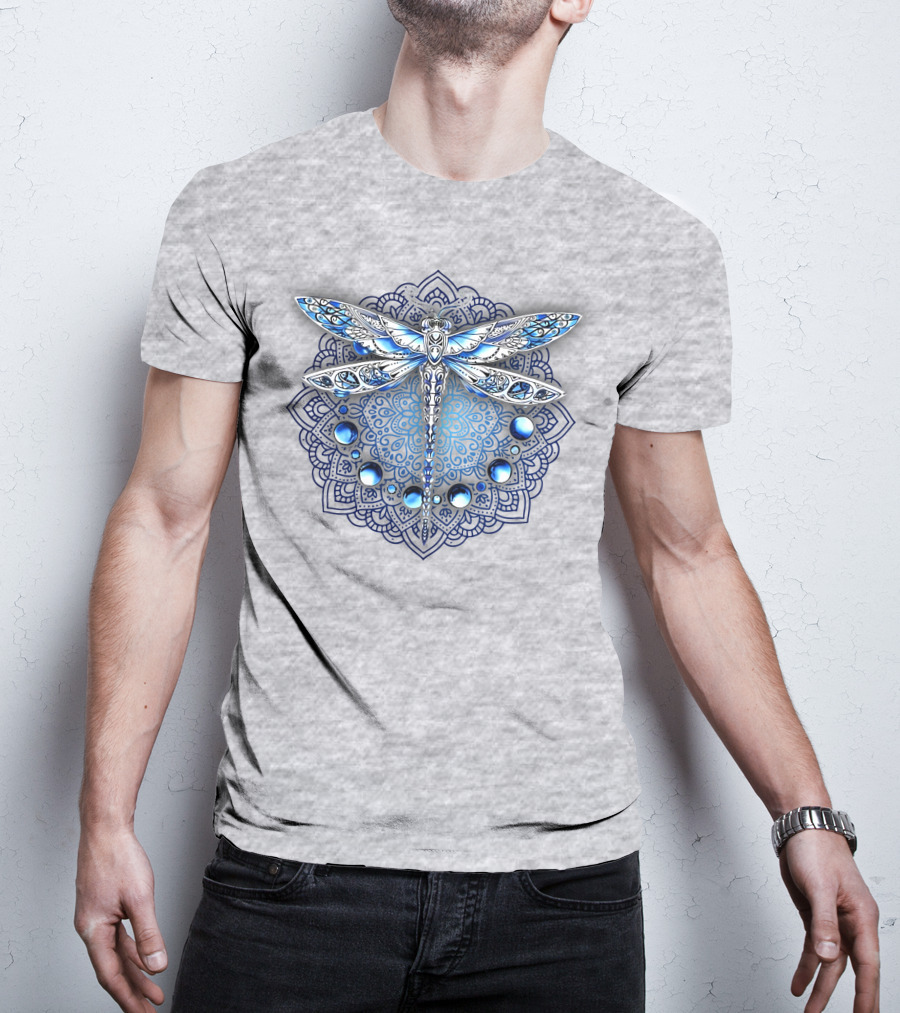 FLY GRADON Intricate Mandala Dragonfly Blue Gem Elements T-Shirt