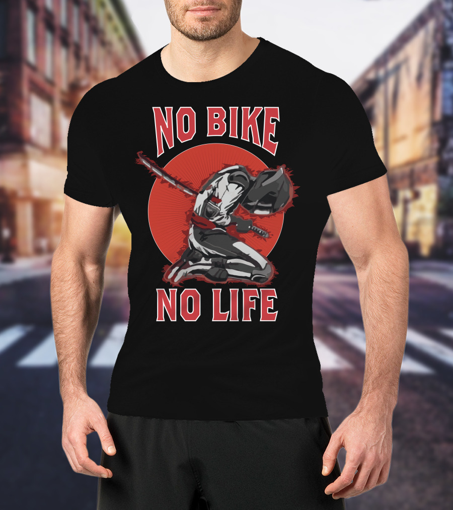 No Bike No Life Skull Bike USA Samurai Kneeling Motorcycle Rider T-Shirt