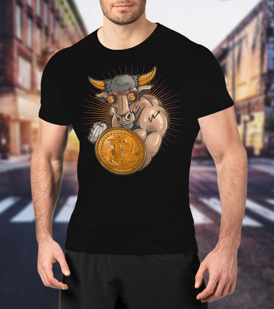 Bull With Bitcoin Shield And Dollar Sign Glasses T-Shirt