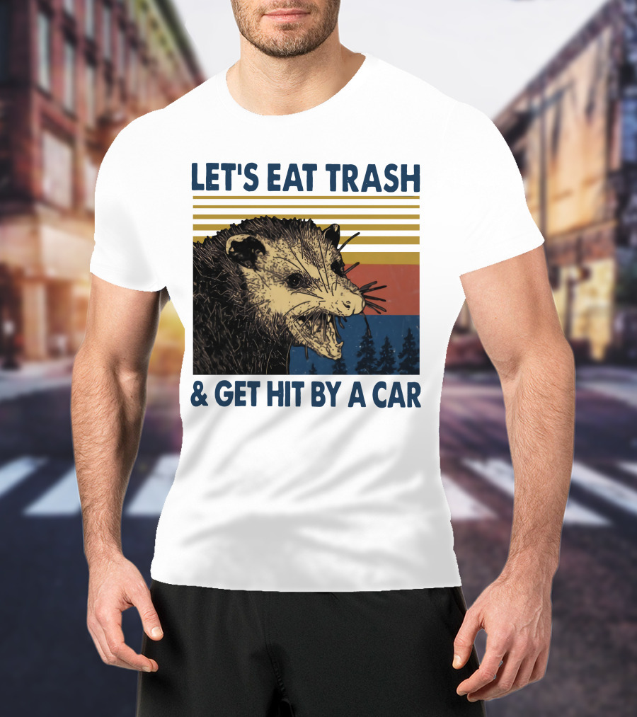 LET'S EAT TRASH And GET HIT BY A CAR Opossum Vintage Retro Stripe Forest T-Shirt
