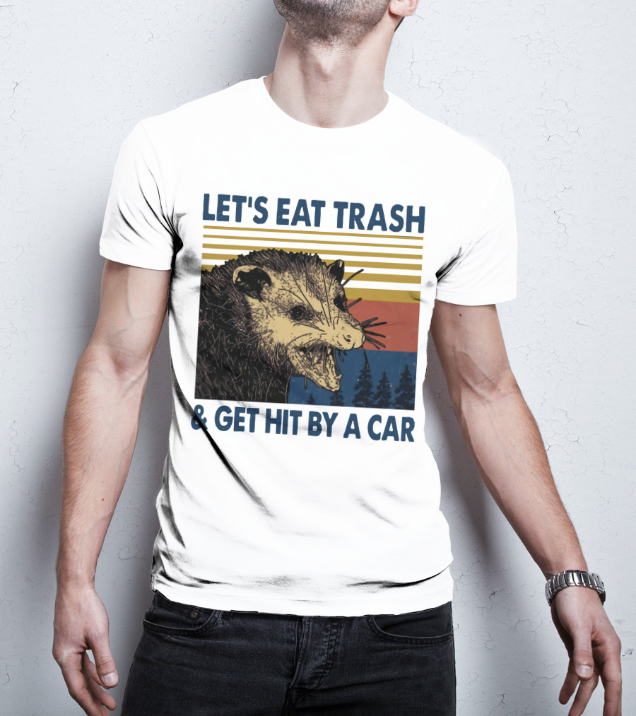 LET'S EAT TRASH And GET HIT BY A CAR Opossum Vintage Retro Stripe Forest T-Shirt
