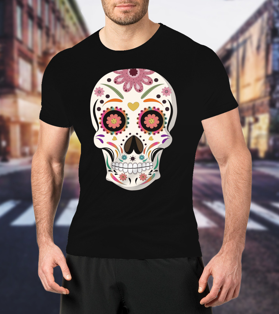 Day Of The Dead Bride Sugar Skull With Floral And Heart Motifs T-Shirt