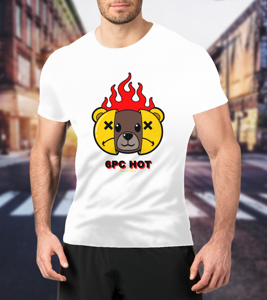 6pc Hot Make On Black Flame Bear T-Shirt