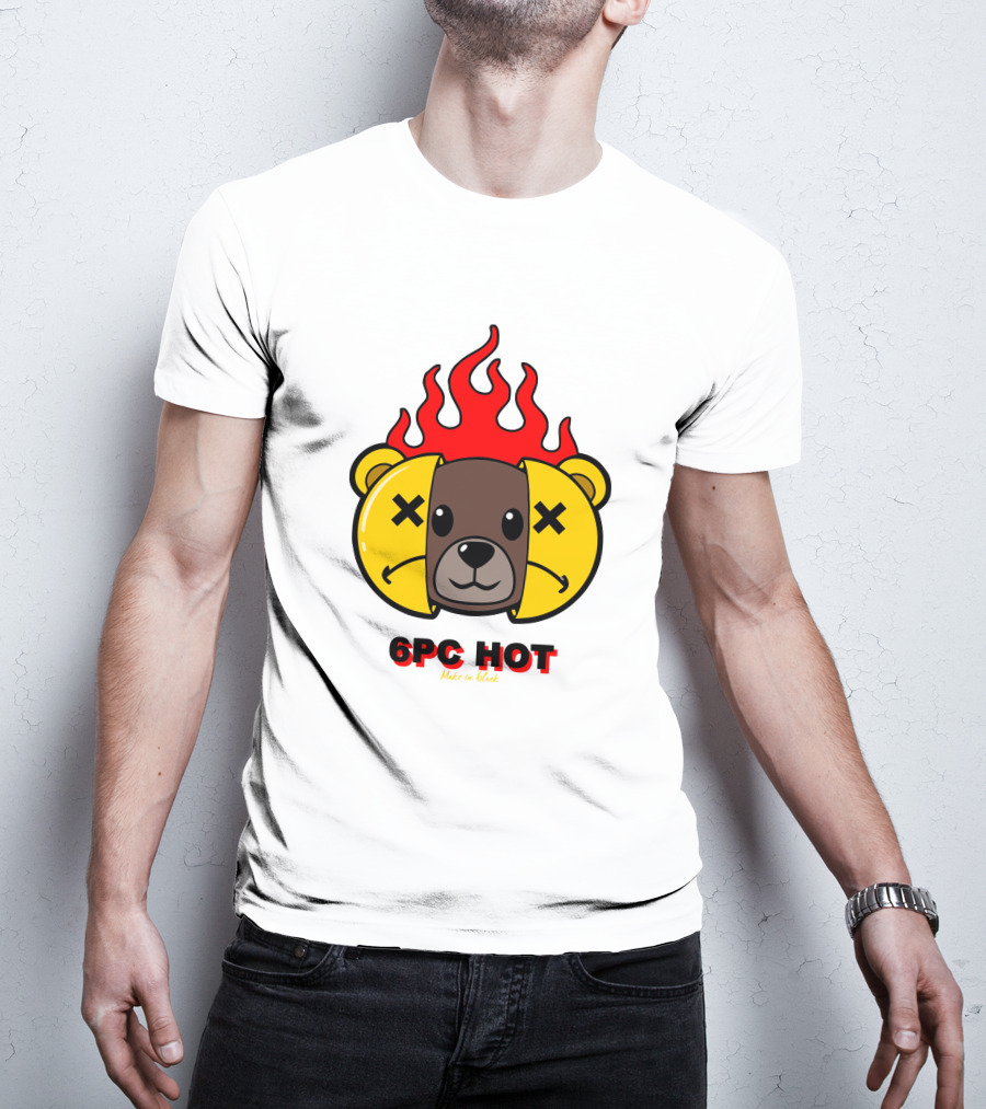 6pc Hot Make On Black Flame Bear T-Shirt