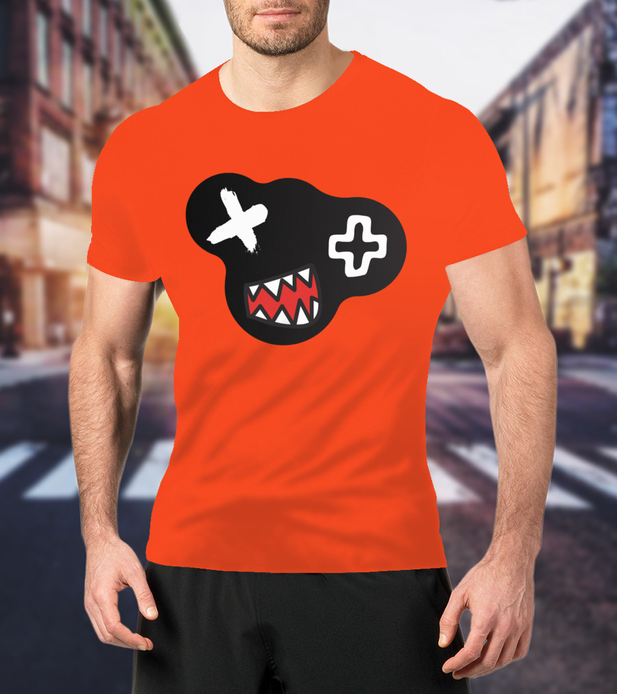 Monstrosity X Plus Mark Teeth Icon On Black Blob Shape T-Shirt