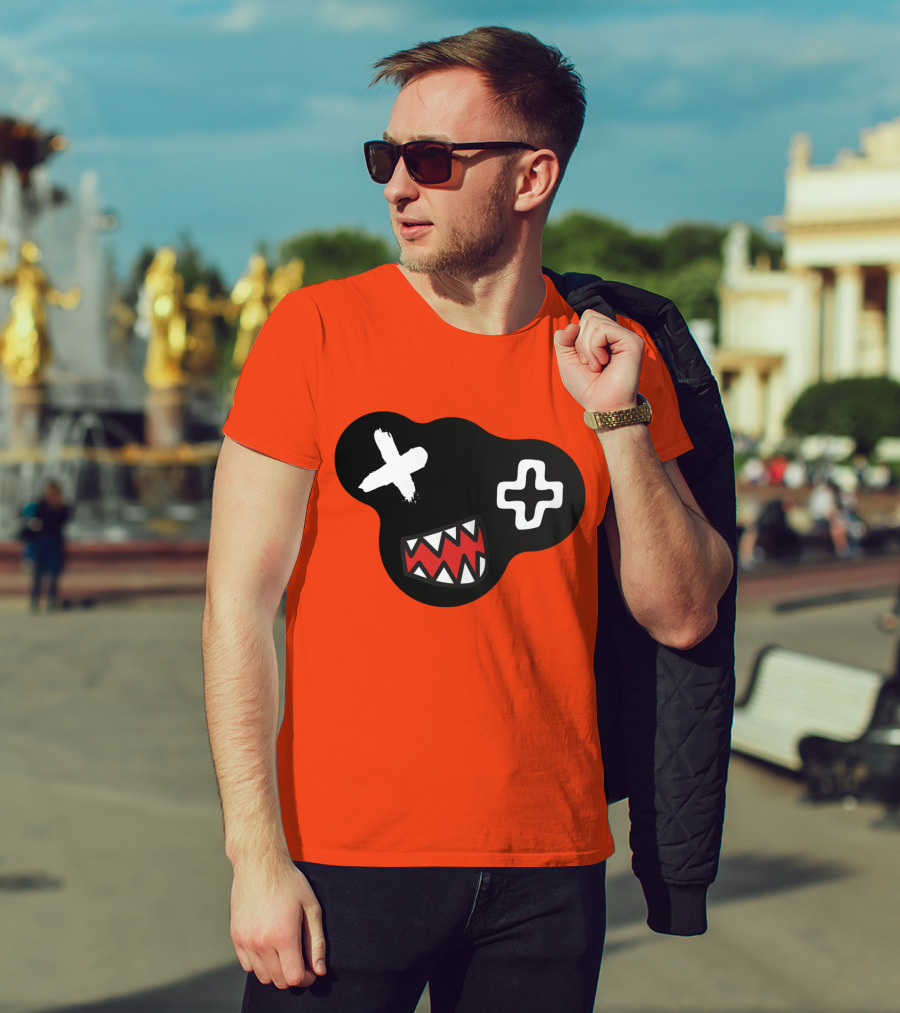 Monstrosity X Plus Mark Teeth Icon On Black Blob Shape T-Shirt