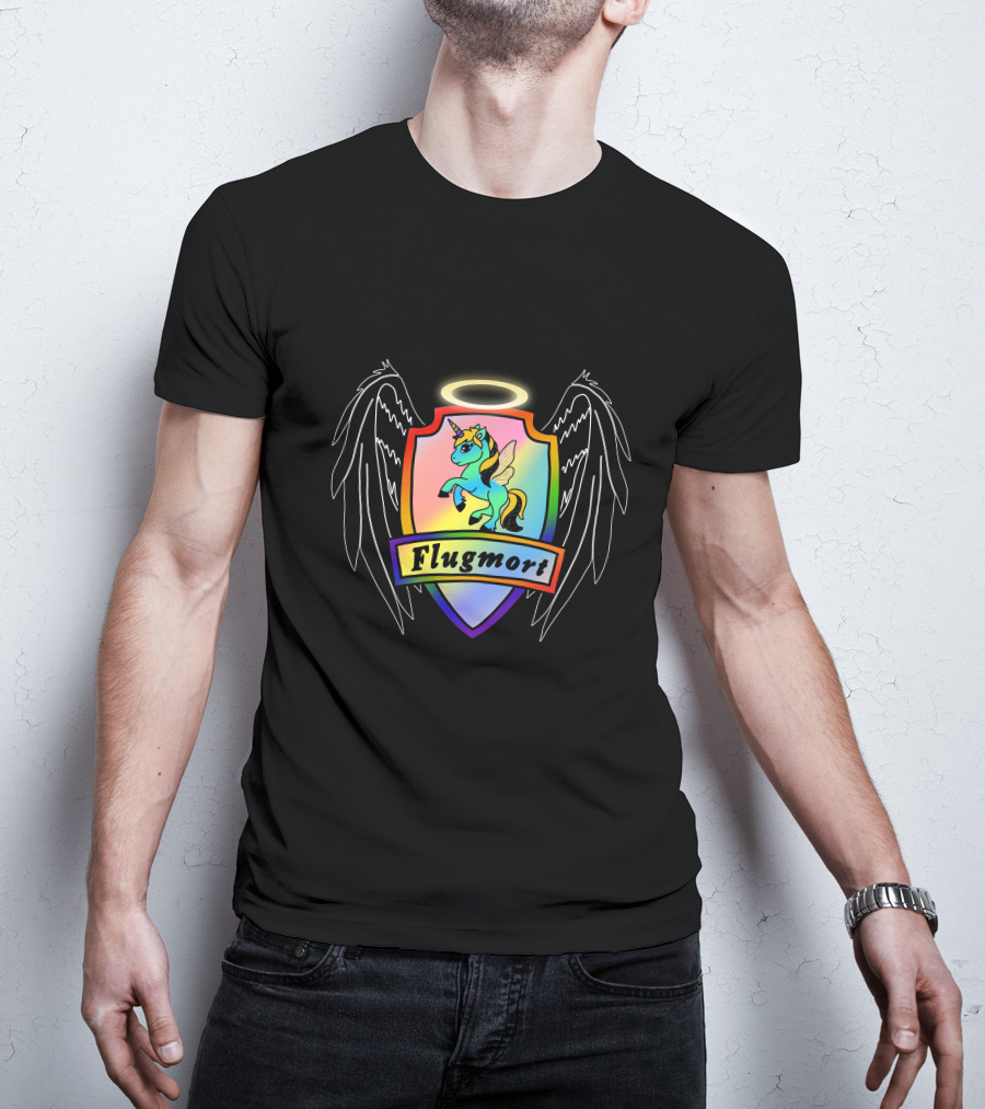 Flugmort Rainbow Unicorn Crest With Black Angel Wings Halo T-Shirt