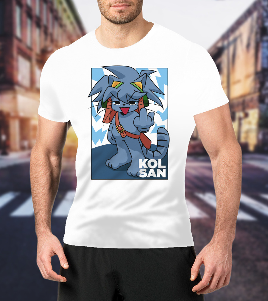 Kolsan Attitude Blue Cat Character With Lightning Bolt Background T-Shirt