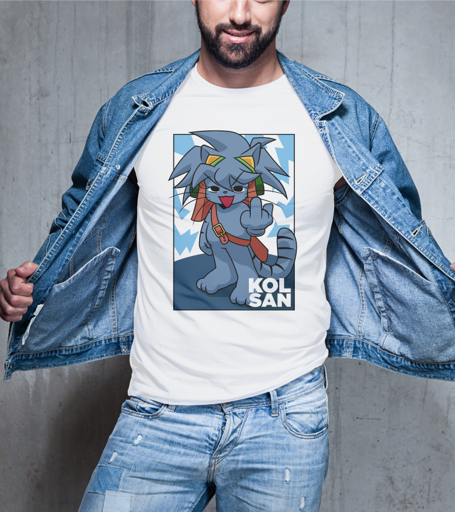 Kolsan Attitude Blue Cat Character With Lightning Bolt Background T-Shirt