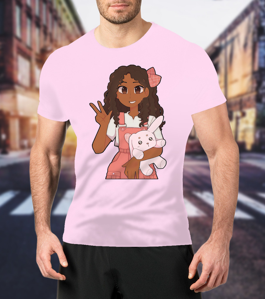 Akeila Merch Anime Style Character With Pink Overalls And Stuffed Bunny T-Shirt