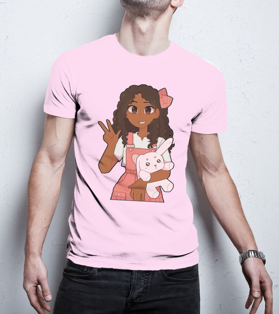 Akeila Merch Anime Style Character With Pink Overalls And Stuffed Bunny T-Shirt
