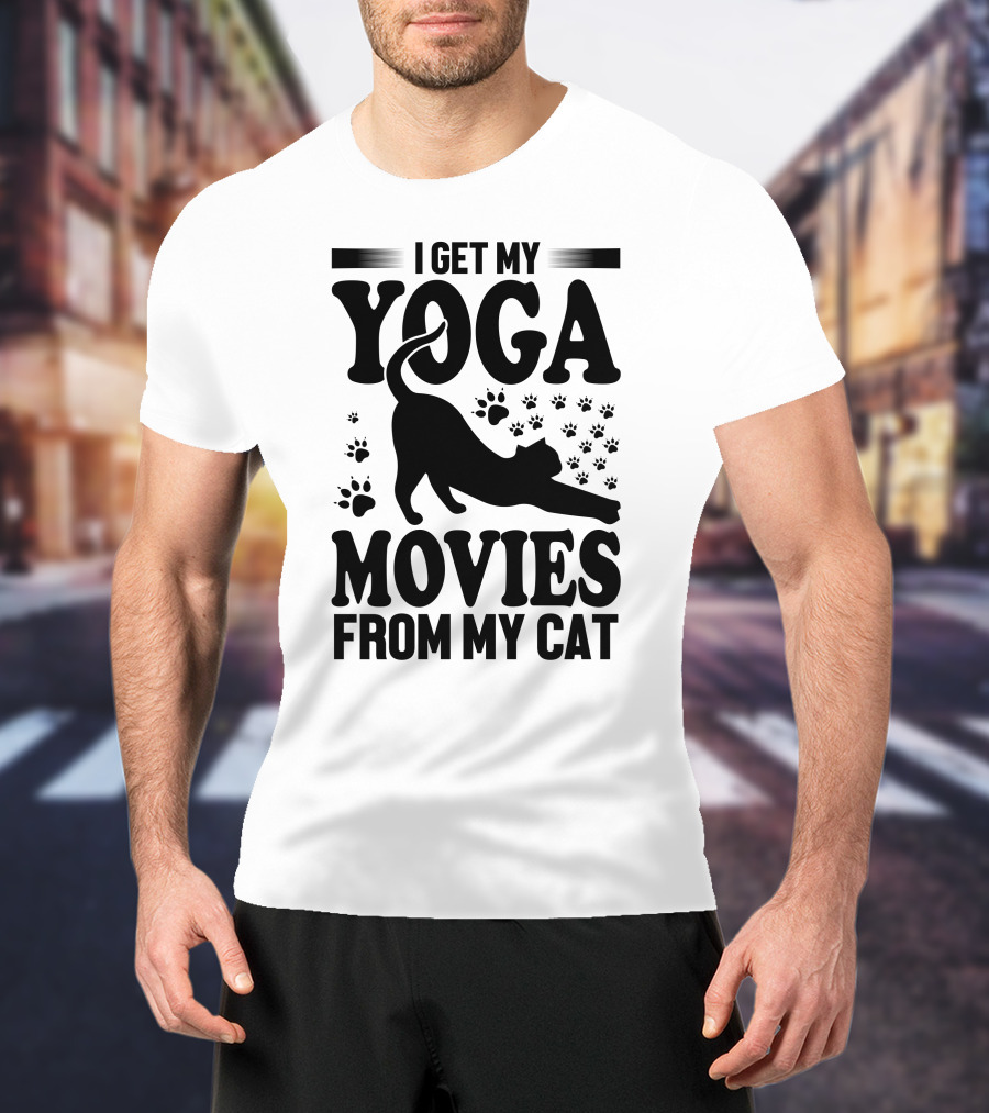 I Get My Yoga Moves And Inspiration From My Cat With Paw Prints And Stretching Cat T-Shirt