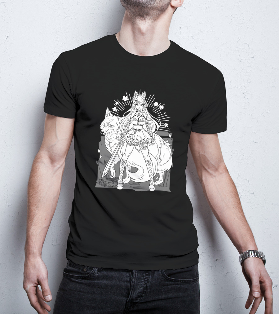 Shark Robot Silvervale Vshojo Warrior With Wolf Companion T-Shirt