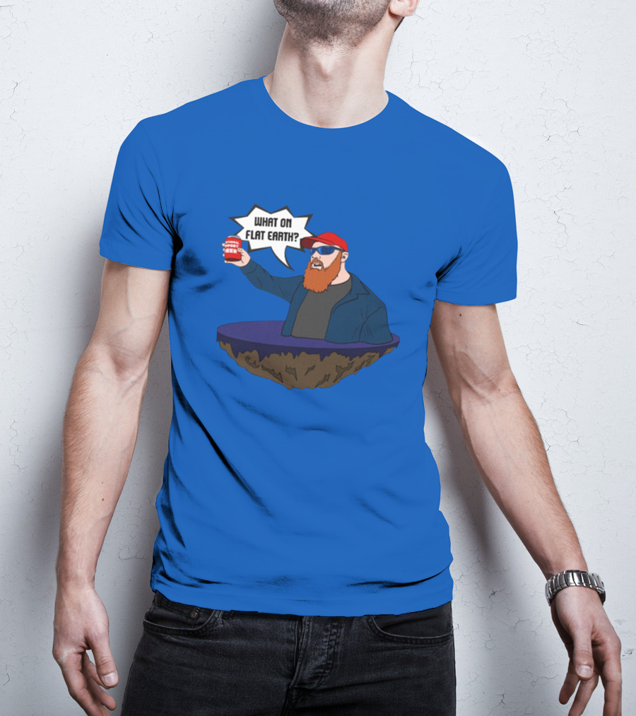 Brent Terhune What On Flat Earth Comedy Satire Floating Island Red Hat Beard Sunglasses Blue Jacket Can T-Shirt