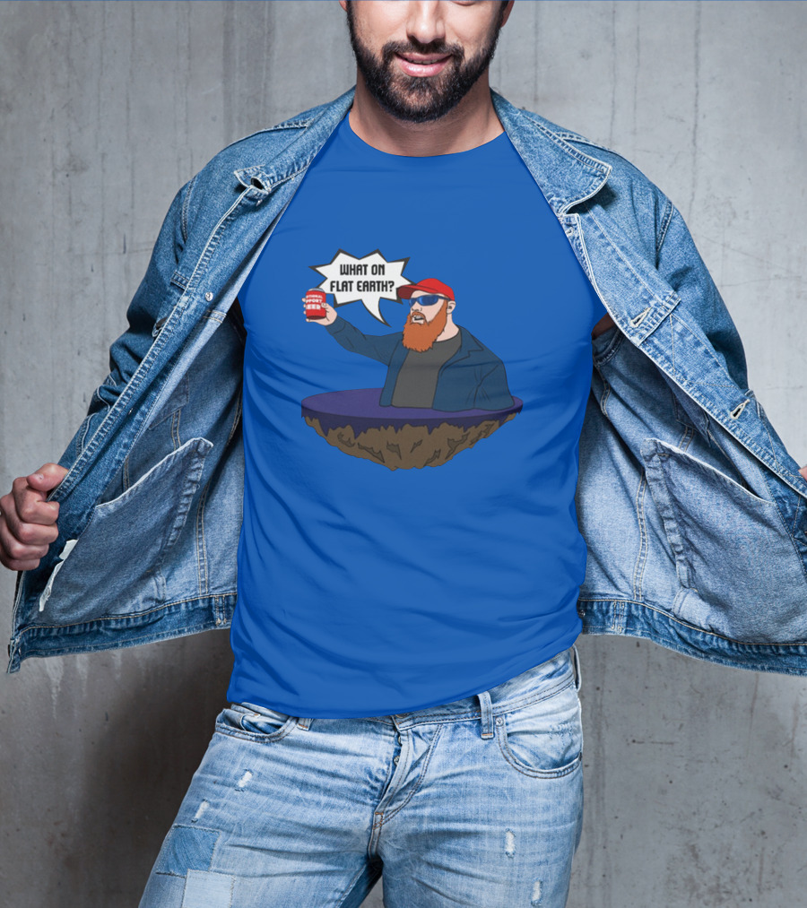 Brent Terhune What On Flat Earth Comedy Satire Floating Island Red Hat Beard Sunglasses Blue Jacket Can T-Shirt