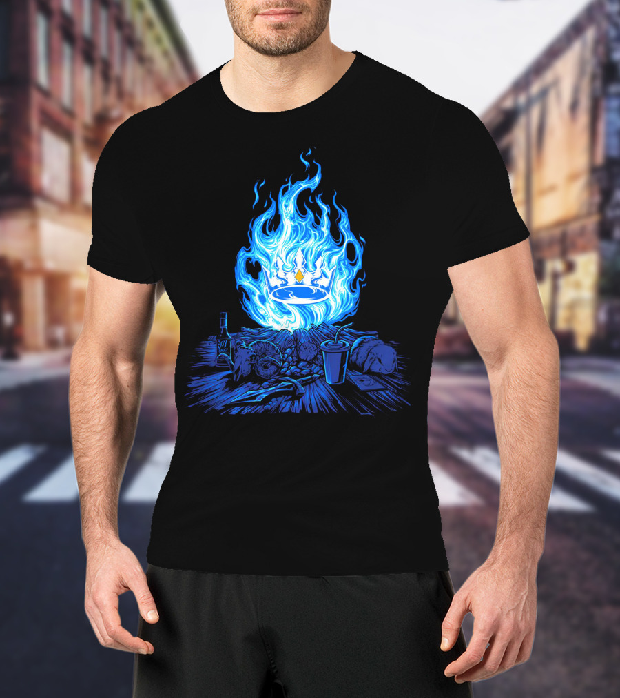Otk Merch Blue Flame Crown With Tabletop Food And Drinks T-Shirt