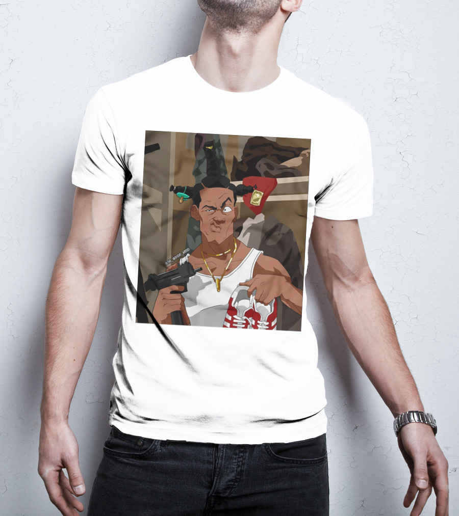 Loc Dog Mens Society Parody Character Holding Sneakers And Gun T-Shirt