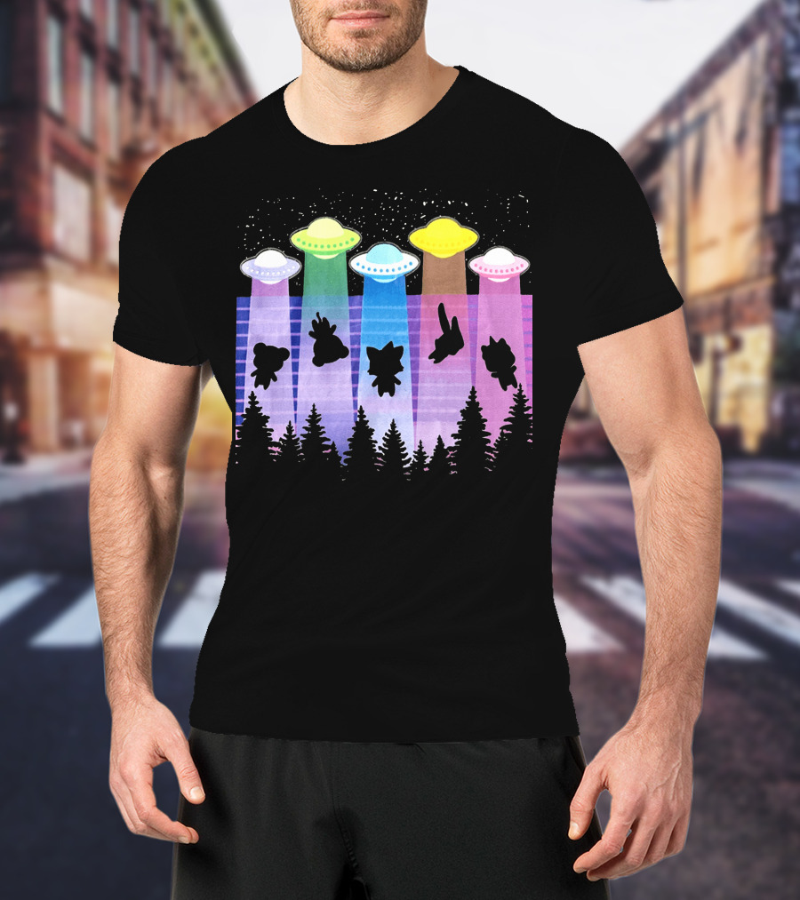 Krewdistrict Flying Saucers Alien Abduction Cartoon Silhouettes Forest Scene T-Shirt