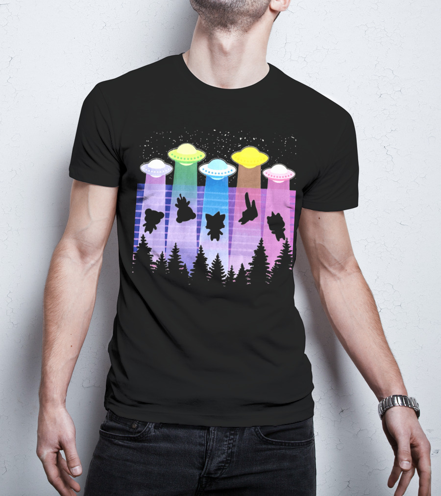 Krewdistrict Flying Saucers Alien Abduction Cartoon Silhouettes Forest Scene T-Shirt